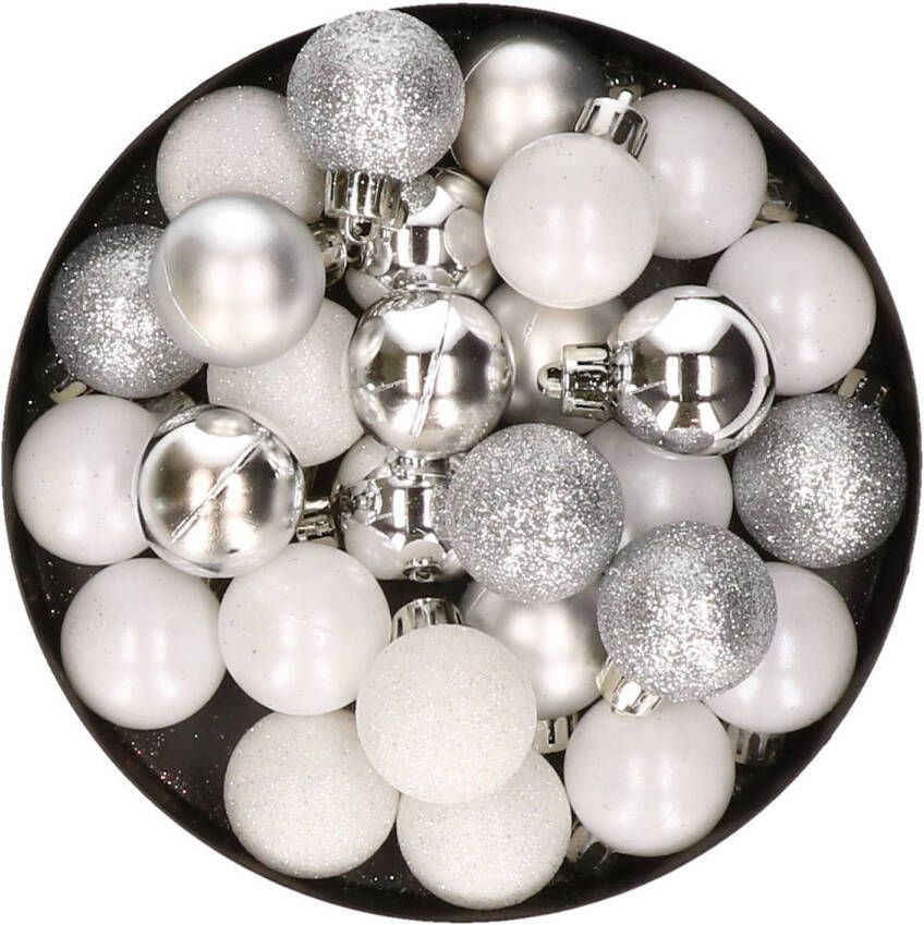 Merkloos 28x stuks kunststof kerstballen zilver en wit mix 3 cm Kerstbal