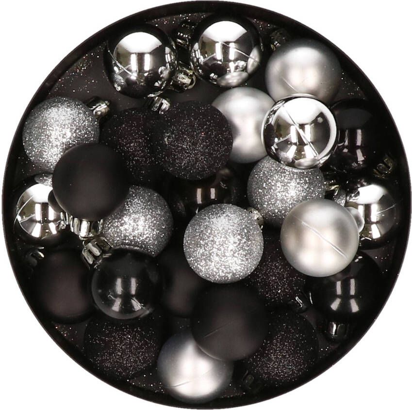Merkloos 28x stuks kunststof kerstballen zilver en zwart mix 3 cm Kerstbal