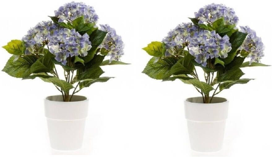 Merkloos 2x Blauwe kunstplant Hortensia plant in pot Kunstplanten