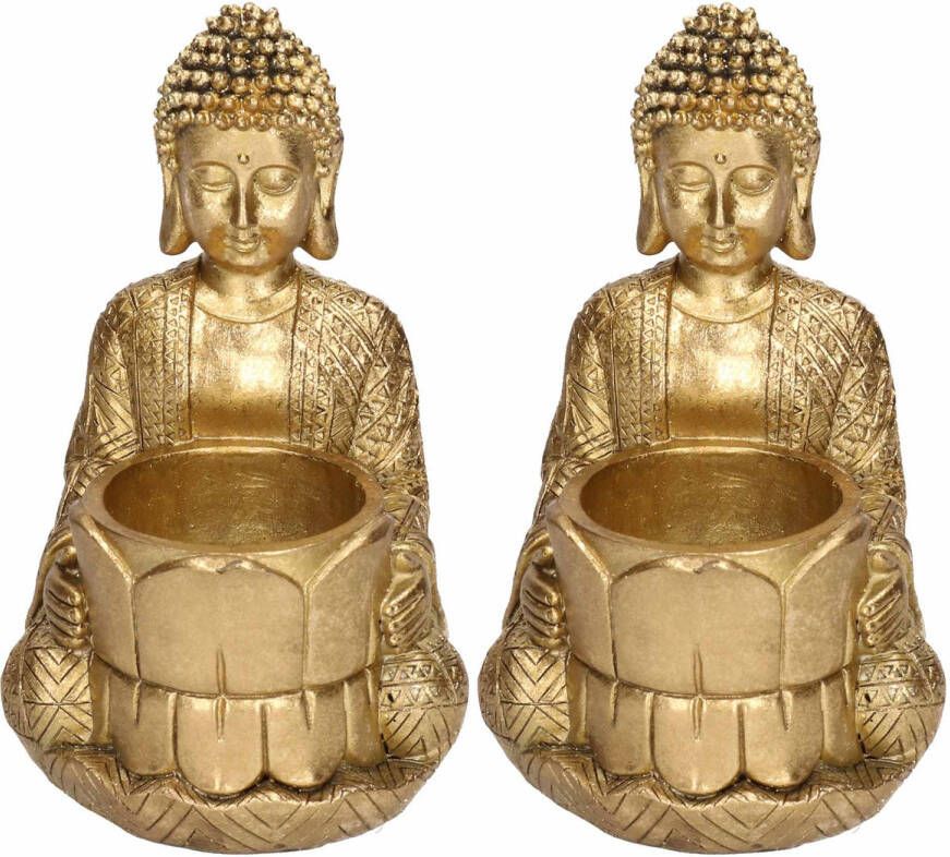 Merkloos 2x Decoratie boeddha beeldjes met theelichthouder goud zittend 14 cm Waxinelichtjeshouders