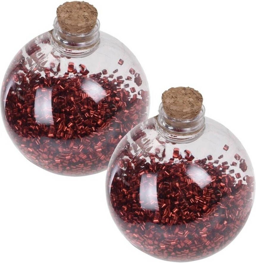 Merkloos 2x Kerstballen transparant rood 8 cm met rode glitters kunststof kerstboom versiering decoratie Kerstbal