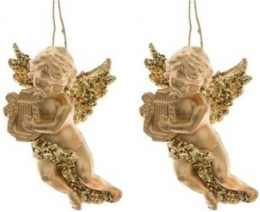 Merkloos 2x Kerst hangdecoratie gouden engeltjes met harp muziekinstrument 10 cm Kersthangers