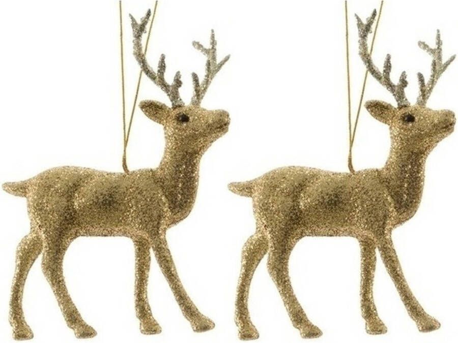 Merkloos 2x Kersthangers figuurtjes hert goud met glitters 12 cm Kersthangers