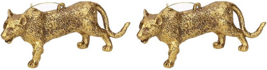 Merkloos 2x Gouden luipaard kerstornamenten kersthangers 12 5 cm Kersthangers