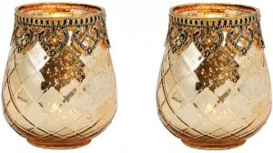 Merkloos 2x Gouden theelichthouders windlichtjes van glas met metaal 9 x 10 cm Kaarsenhouders waxinelichthouders Woondecoraties Waxinelichtjeshouders