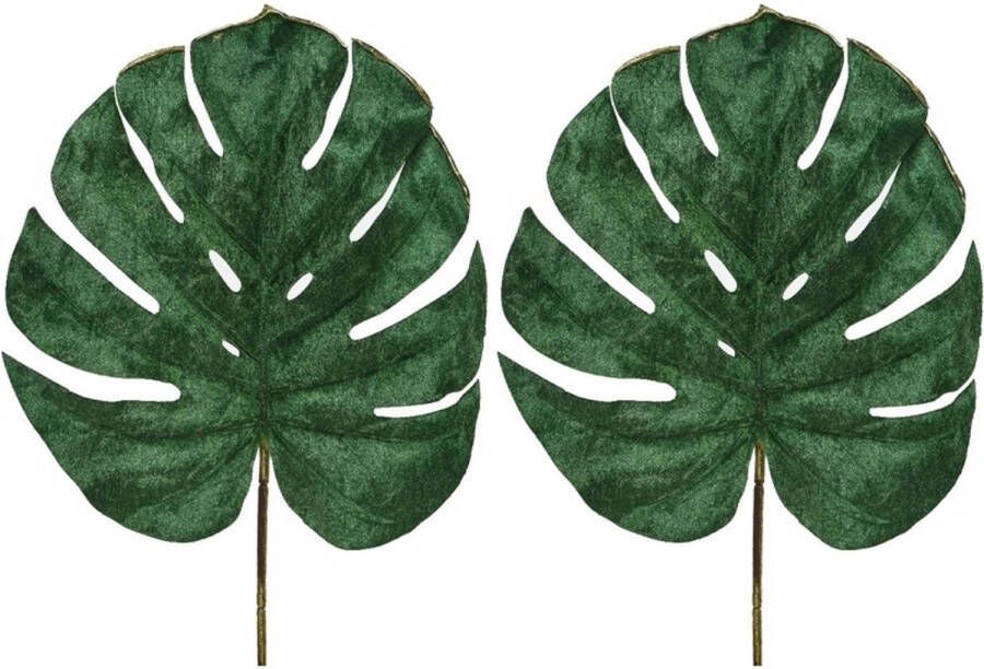 Merkloos 2x Groene fluwelen Monstera gatenplant kunsttakken planten 80 cm Kunstplanten
