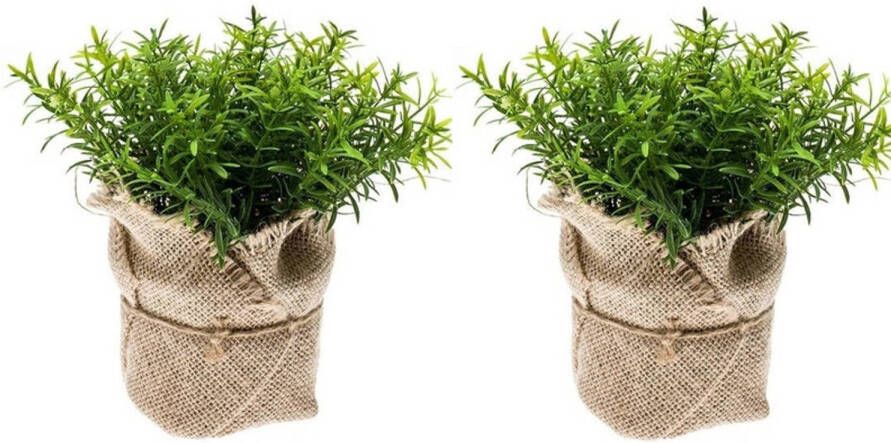 Merkloos 2x Kunstplant tijm kruiden groen in jute pot 16 cm Kunstplanten