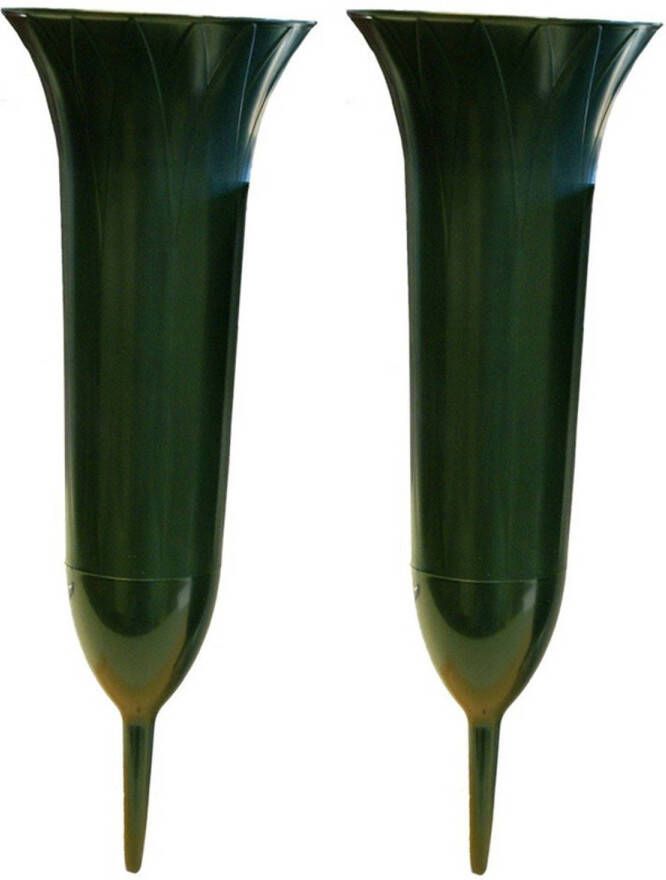 Merkloos 2x Groene kunststof grafvazen 37 cm Grafvazen grafkaarsen Vazen