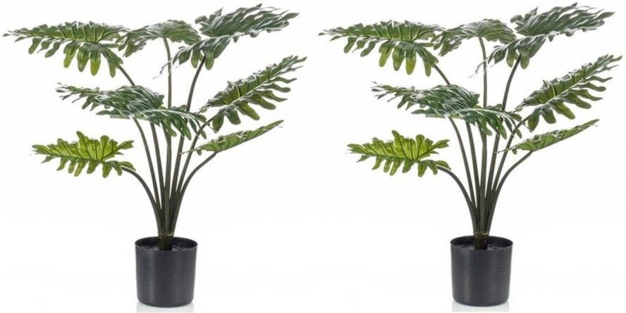 Merkloos 2 stuks groene Philodendron kunstplanten 60 cm met zwarte pot Kunstplanten