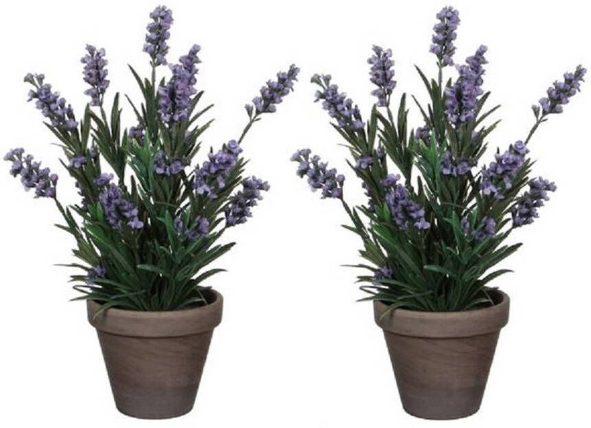 Merkloos 2x Groene Lavandula lavendel kunstplanten 33 cm met grijze pot Kunstplanten