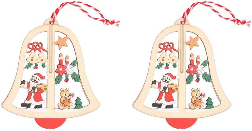 Merkloos 2x Houten bellen met kerstman kerstversiering hangdecoratie 10 cm Kersthangers