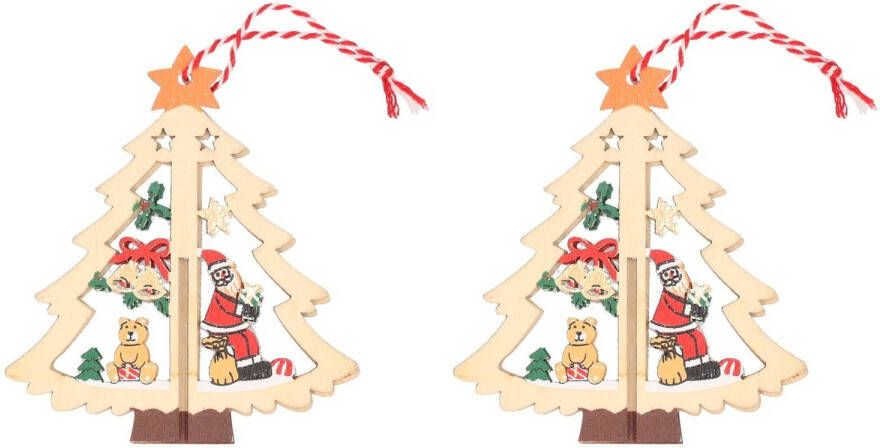 Merkloos 2x Houten bomen met kerstman kerstversiering hangdecoratie 10 cm Kersthangers
