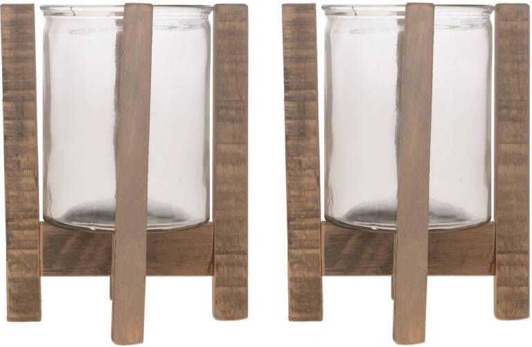 Merkloos 2x Kaarsenhouders voor theelichtjes waxinelichtjes op houten standaard 24 5 cm Waxinelichtjeshouders