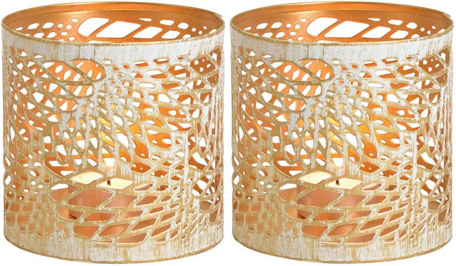Merkloos 2x Kaarsenhouders voor theelichtjes waxinelichtjes wit goud abstract vleugel patroon 11 cm Waxinelichtjeshouders