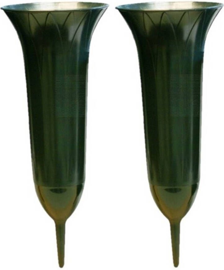 Merkloos 2x Groene kunststof grafvazen 31 cm Grafvazen grafkaarsen Vazen