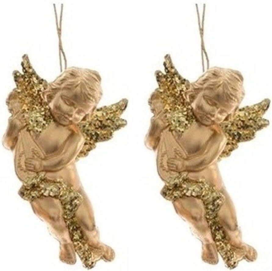 Merkloos 2x Kerst hangdecoratie gouden engeltjes met lute muziekinstrument 10 cm Kersthangers