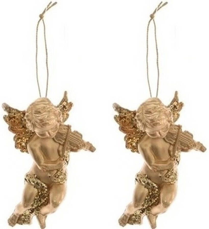 Merkloos 2x Kerst hangdecoratie gouden engeltjes met viool muziekinstrument 10 cm Kersthangers