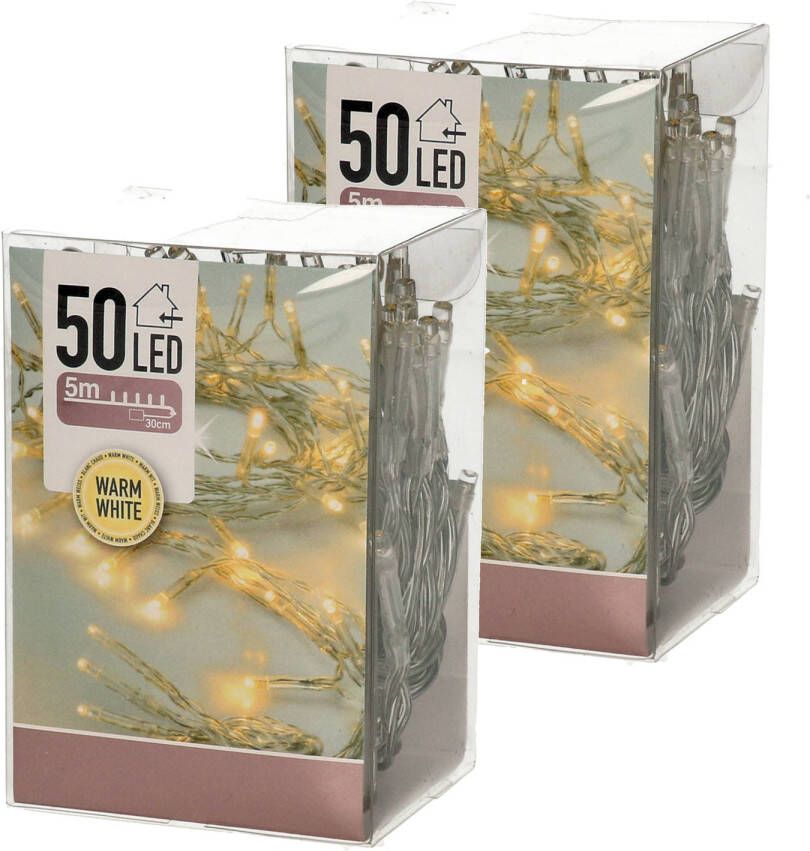 Merkloos 2x Kerst lampjes warm wit op batterijen 5 meter indoor Lichtsnoeren