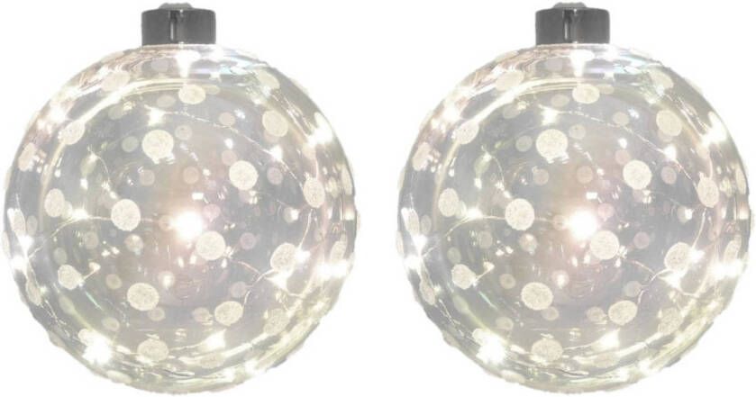 Merkloos 2x Glazen decoratie kerstballen met 20 led lampjes verlichting 12 cm Kerstbal