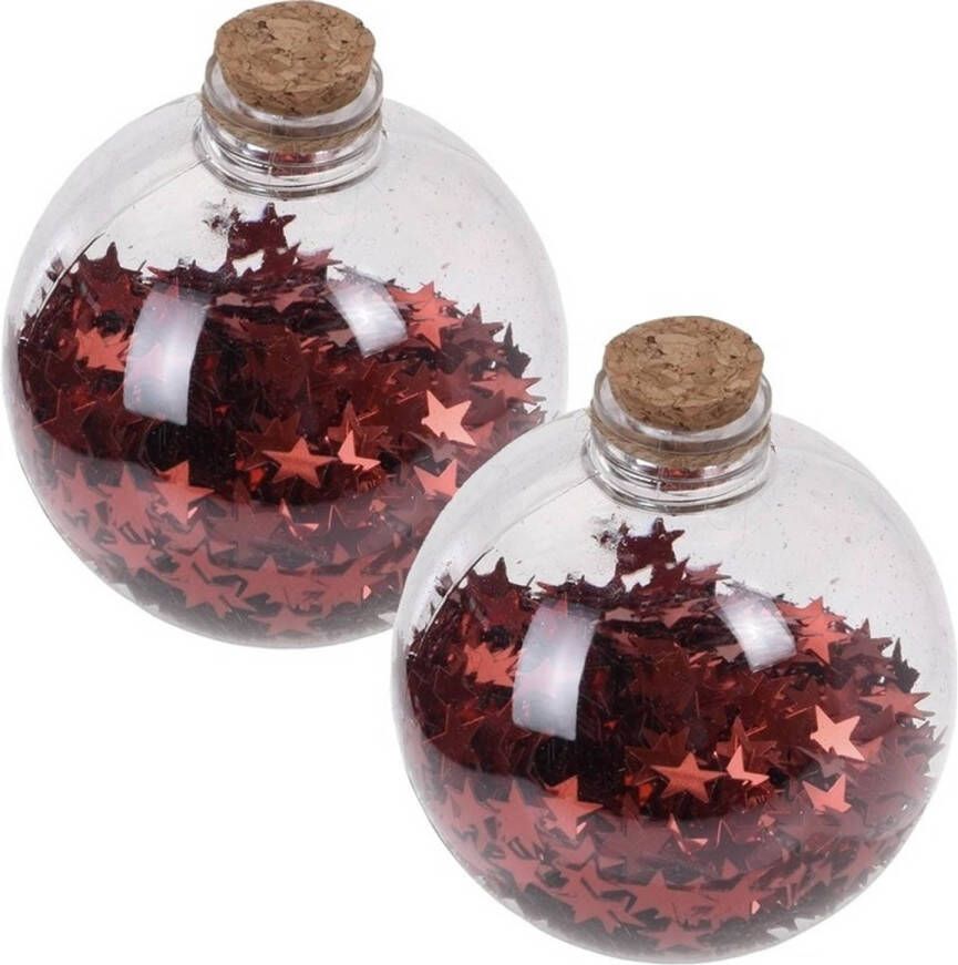 Merkloos 2x Kerstballen transparant rood 8 cm met rode sterren kunststof kerstboom versiering decoratie Kerstbal