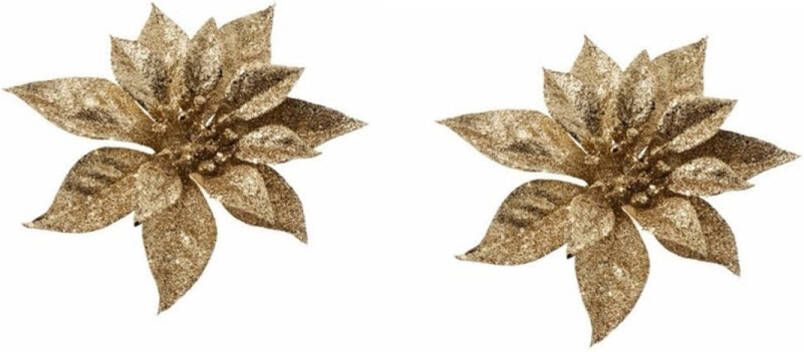 Merkloos 2x Kerstboomversiering bloem op clip gouden kerstster 18 cm Kersthangers