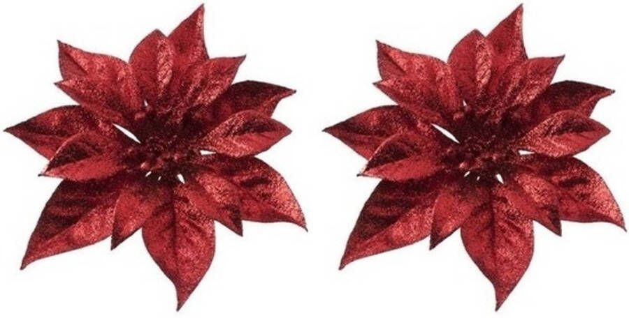 Merkloos 2x Kerstboomversiering bloem op clip rode kerstster 18 cm Kersthangers