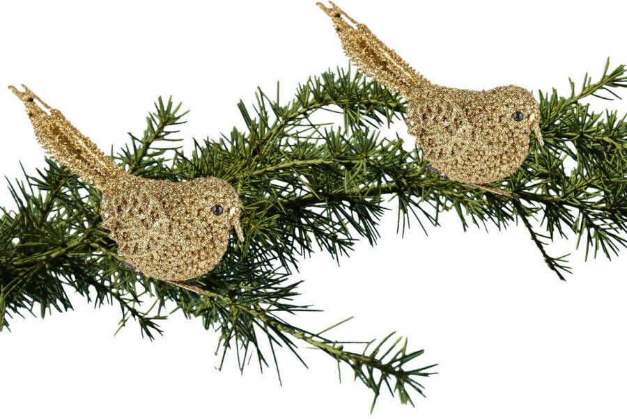 Cosy & Trendy 2x Kerstboomversiering glitter gouden vogeltjes op clip 12 cm Kersthangers