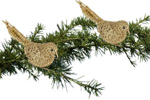 Merkloos 2x Kerstboomversiering Glitter Gouden Vogeltjes Op Clip 12 Cm Kersthangers