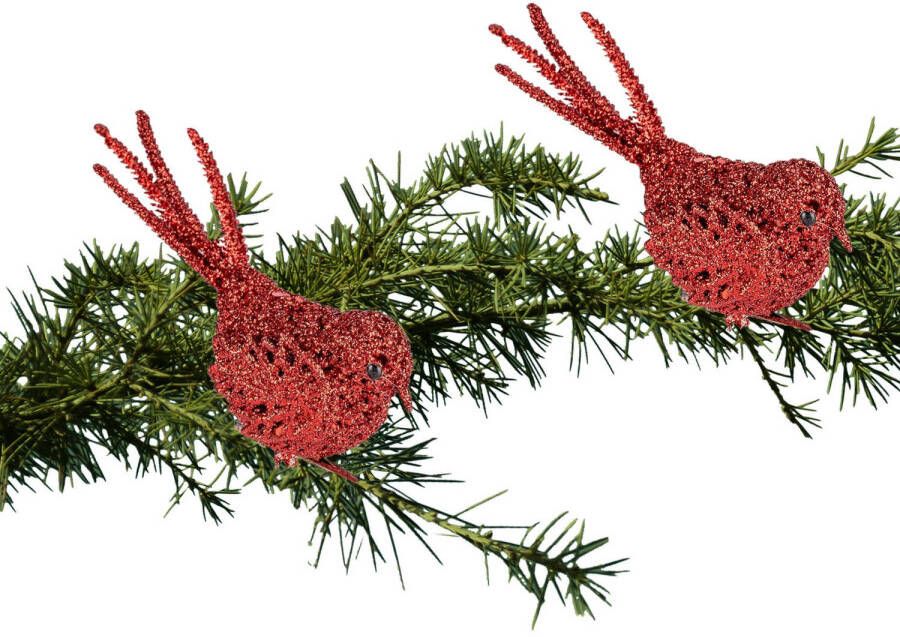 Cosy & Trendy 2x Kerstboomversiering glitter rode vogeltjes op clip 12 cm Kersthangers