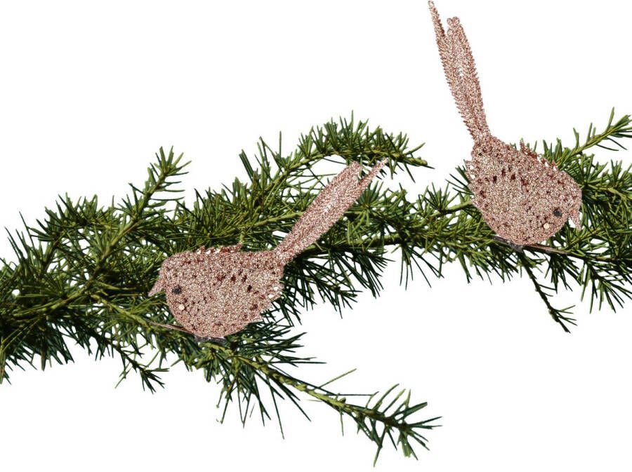 Cosy & Trendy 2x Kerstboomversiering glitter roze vogeltjes op clip 12 cm Kersthangers
