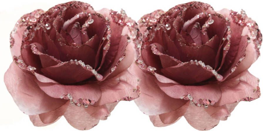 Merkloos 2x Kerstboomversiering kerstornamenten oudroze rozen op clip 14 cm Kunstbloemen
