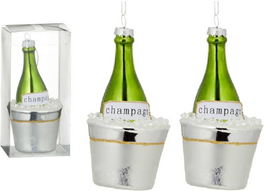 Merkloos 2x Kersthanger figuurtjes glazen champagne fles 14 cm Kersthangers