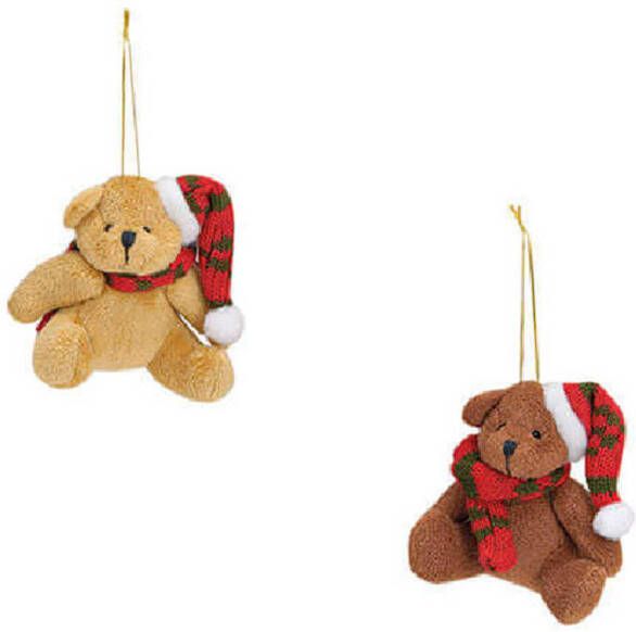 Merkloos 2x Kersthangers knuffelbeertjes beige en bruin met gekleurde sjaal en muts 7 cm Kersthangers