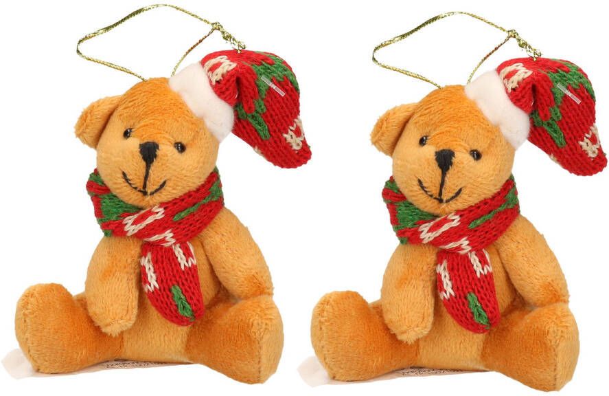 Merkloos 2x Kersthangers knuffelbeertjes beige met gekleurde sjaal en muts 7 cm Kersthangers