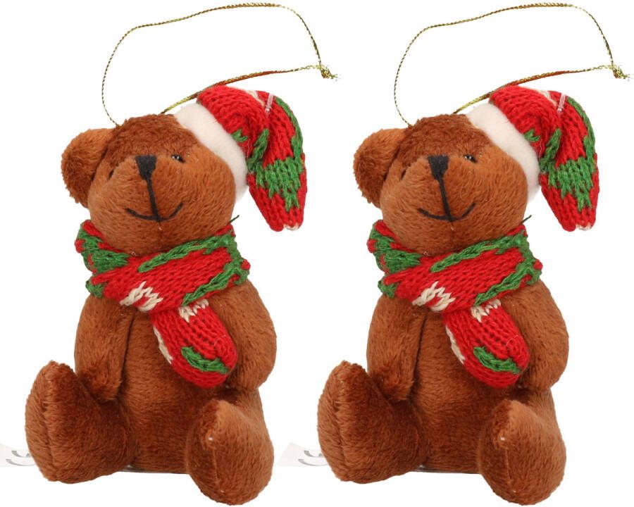 Merkloos 2x Kersthangers knuffelbeertjes bruin met gekleurde sjaal en muts 7 cm Kersthangers