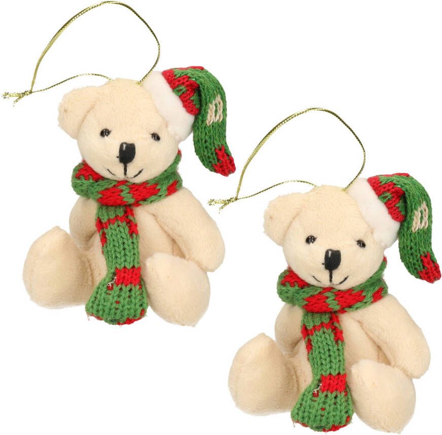 Merkloos 2x Kersthangers knuffelbeertjes wit met gekleurde sjaal en muts 7 cm Kersthangers