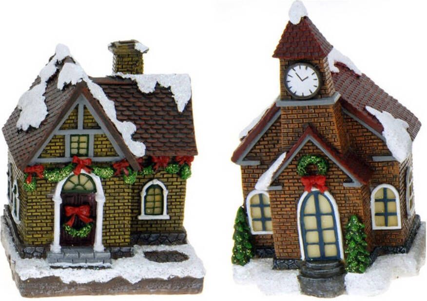 Merkloos 2x Kersthuisjes kerstdorpje met verlichting 13 cm Kerstdorpen