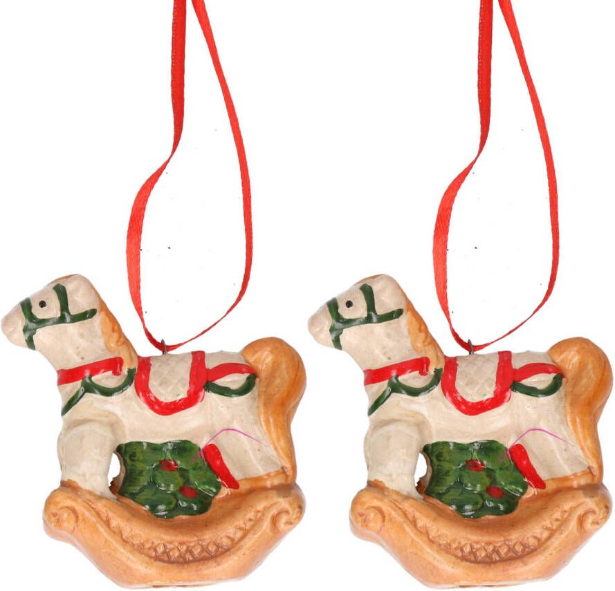 Merkloos 2x Kerstornamenten hobbelpaard hanger 8 cm Kersthangers