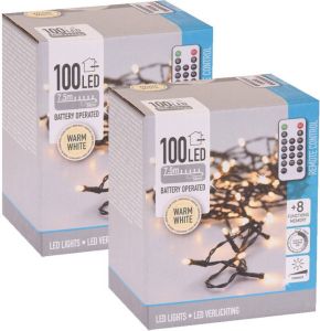 Merkloos 2x Kerstverlichting op afstandsbediening warm wit buiten 100 lampjes boomverlichting 2 stuks Kerstlampjes kerstlichtjes Lichtsnoeren