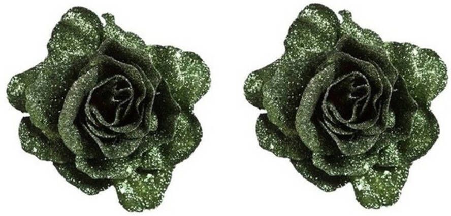 Merkloos 2x Kerstversiering groene glitter rozen op clip 10 cm Kersthangers