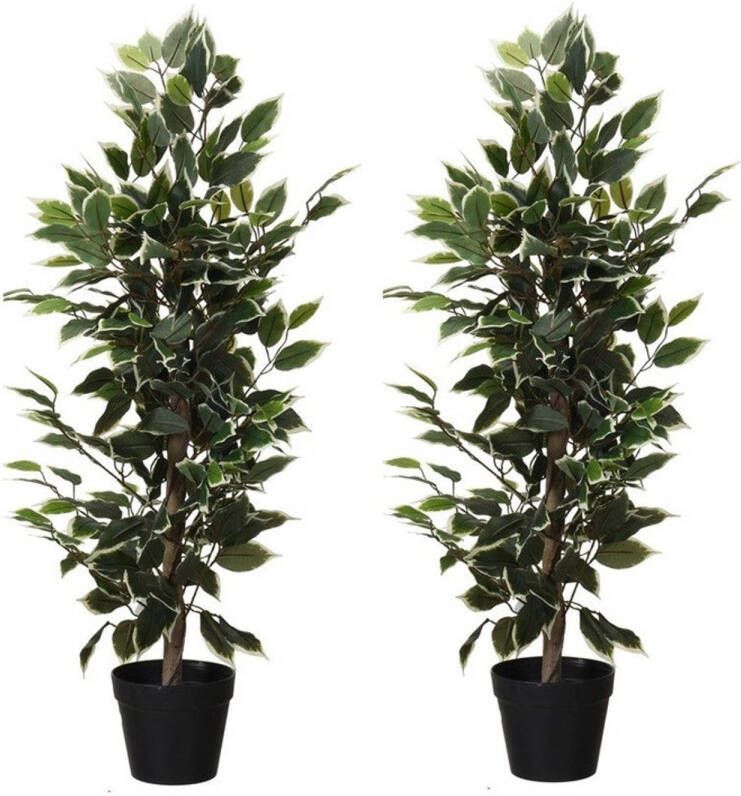 Merkloos 2x Kunstplanten Ficus groen wit 95 cm Kunstplanten
