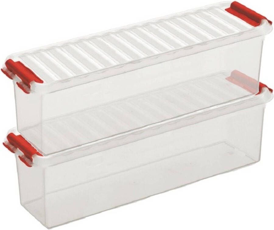 Sunware 2x Q-Line opberg boxen opbergdozen 1 3 liter 27 x 8 4 x 9 cm kunststof Langwerpige smalle opslagbox Opbergbak kunststof transparant rood Opbergbox