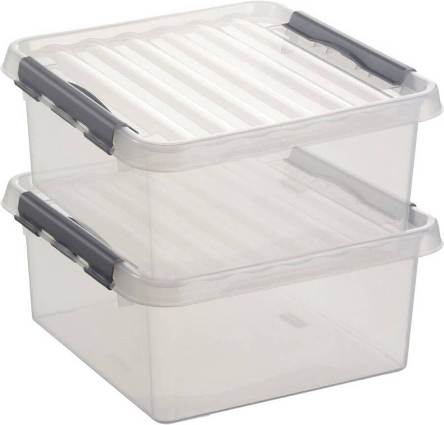 Sunware 2x Q-Line opberg box opbergdoos 18 liter 40 x 40 x 20 cm kunststof Vierkante opslagbox Opbergbak kunststof transparant zilver Opbergbox