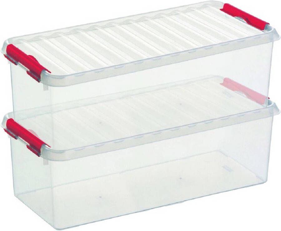 Sunware 2x Q-Line opberg boxen opbergdozen 9 5 liter 48 5 x 19 x 14 7 cm kunststof Langwerpige smalle opslagbox Opbergbak kunststof transparant rood Opbergbox