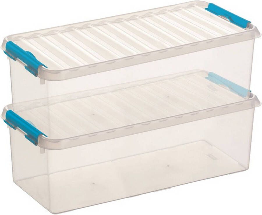 Sunware 2x Q-Line opberg boxen opbergdozen 9 5 liter 48 5 x 19 x 14 7 cm kunststof Langwerpige smalle opslagbox Opbergbak kunststof transparant blauw Opbergbox