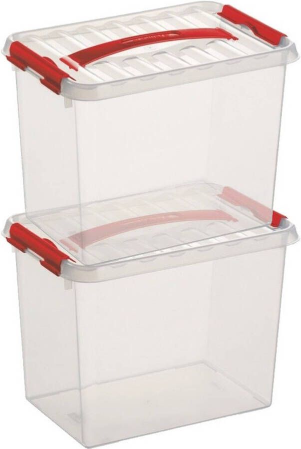 Sunware 2x Q-Line opberg boxen opbergdozen 9 liter 30 x 20 x 22 cm kunststof Opslagbox Opbergbak kunststof transparant rood Opbergbox