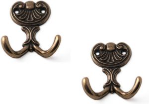 Merkloos 2x Antiek bronzen garderobe haakjes jashaken kapstokhaakjes zamac dubbele haak 6 5 x 5 8 cm Kapstokhaken