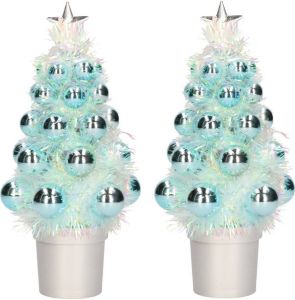 Merkloos 2x Mini Kunst Kerstboompje Turquoise Blauw Met Kerstballen 19 Cm Kunstkerstboom