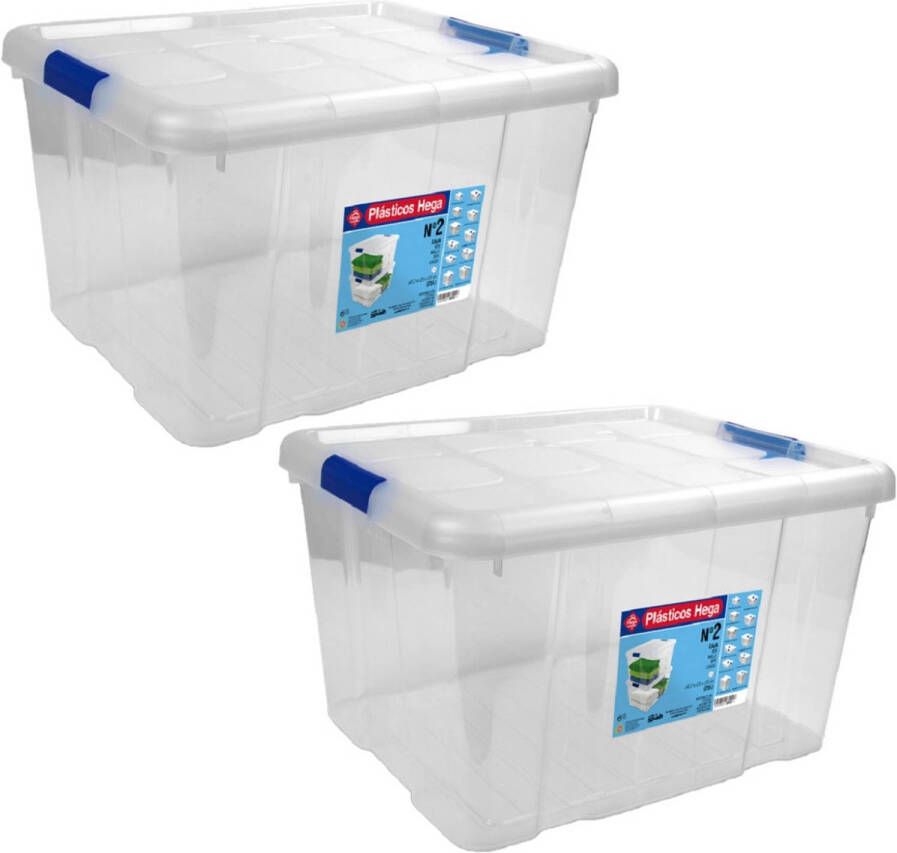 Merkloos 2x Opbergboxen opbergdozen met deksel 25 liter kunststof transparant blauw 42 x 35 x 25 cm Opbergbakken Opbergbox
