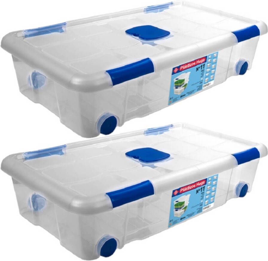 Merkloos 2x Opbergboxen opbergdozen met deksel en wieltjes 30 liter kunststof transparant blauw Opbergbox